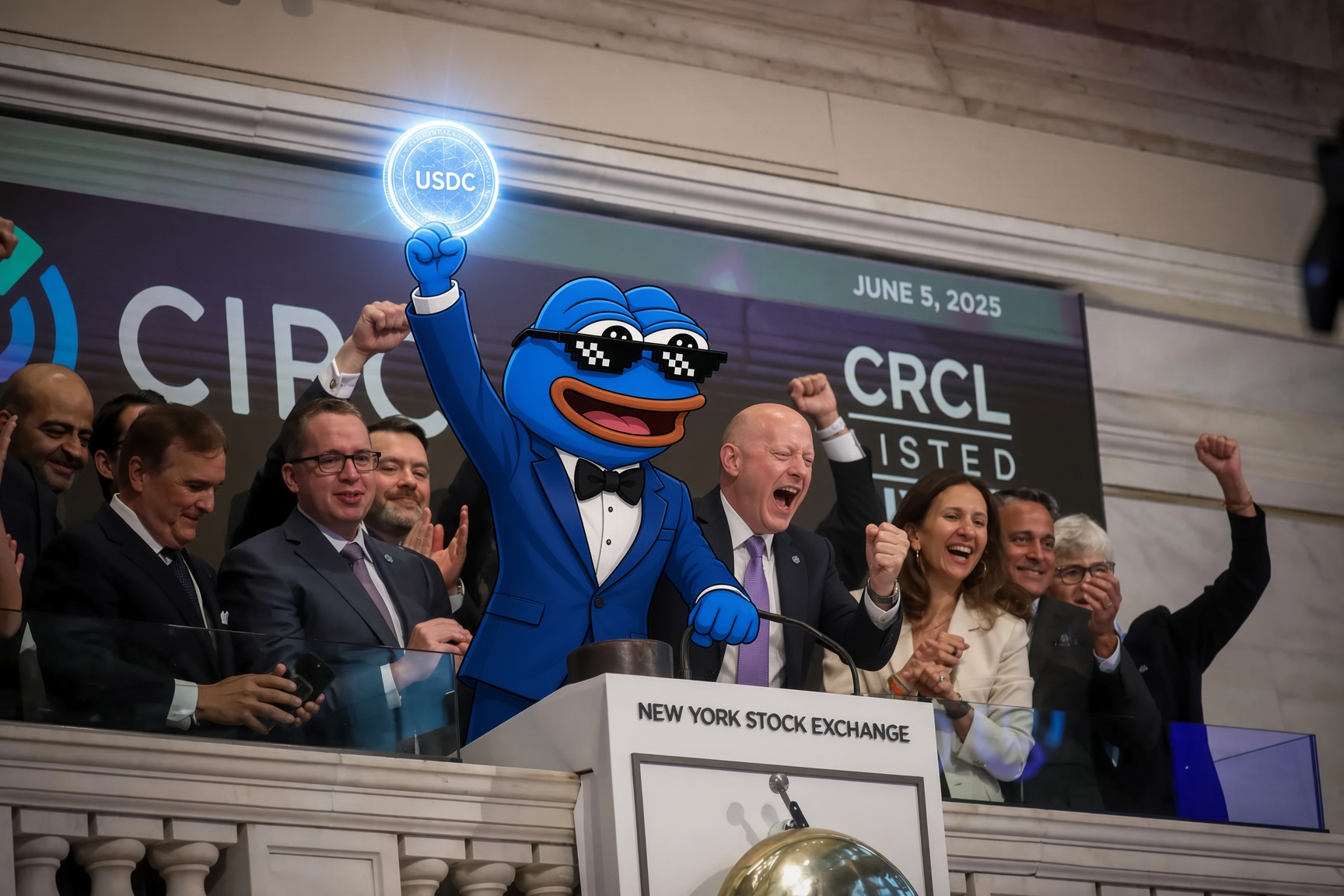 Blue Pepe edited into the NYSE opening bell photo