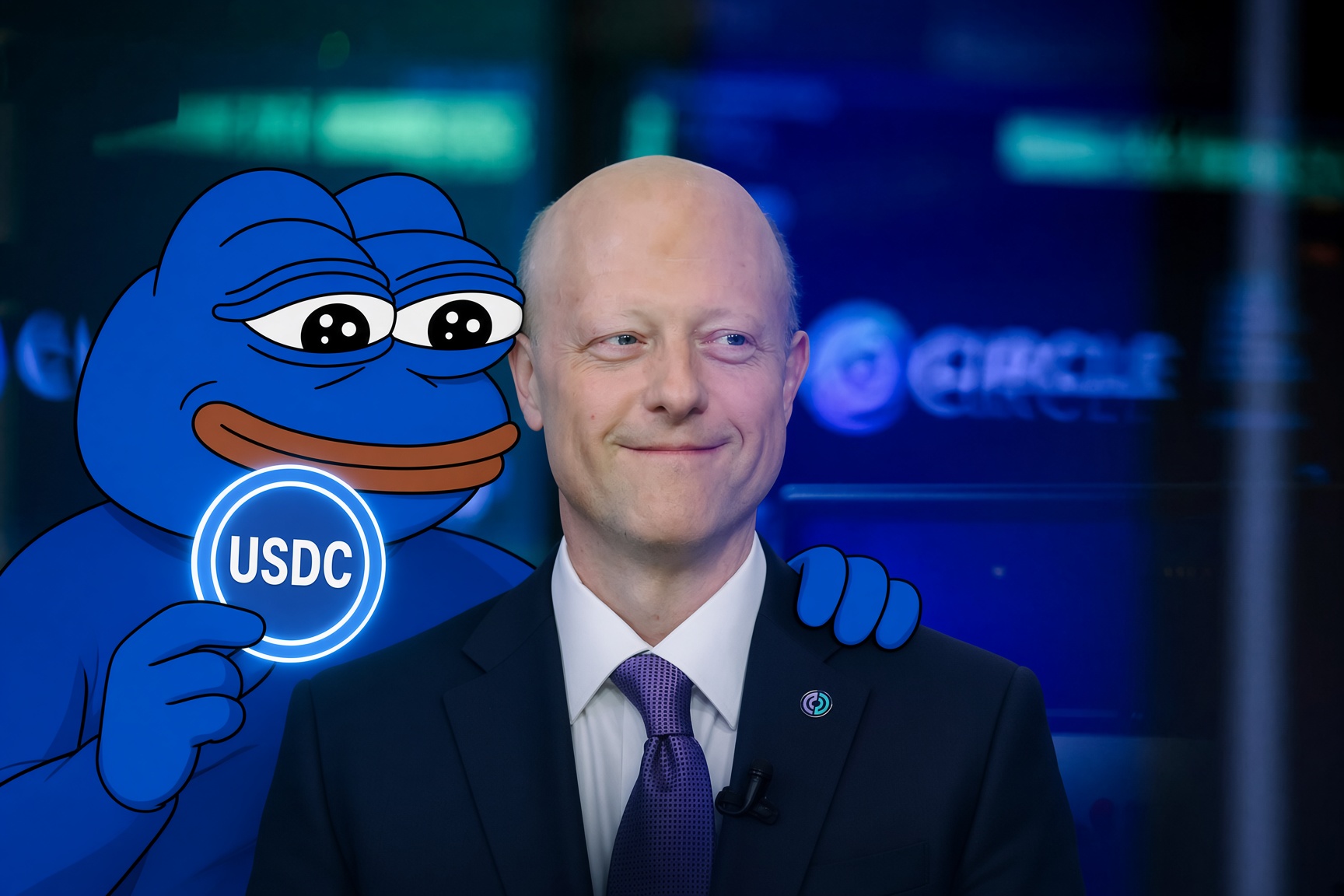 Blue Pepe with a hand on Jeremy Allaire's shoulder